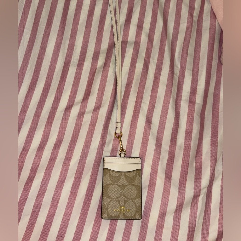 Coach Brown and White ID Holder with Strap